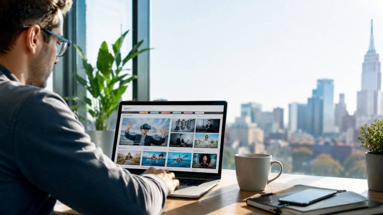 Tozymagazine.com USA: Your Guide to News, Lifestyle, Tech, and Trending Stories Modern American professional reading a digital magazine on a laptop in a bright home office with a USA city skyline in the background.