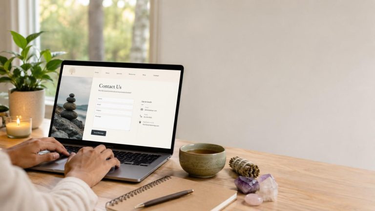 Spiritualhubz.com Contact: How to Reach the Team, Get Support, and Stay Safe Online Person using a laptop to access a spiritual wellness website contact page in a peaceful home office with natural lighting.